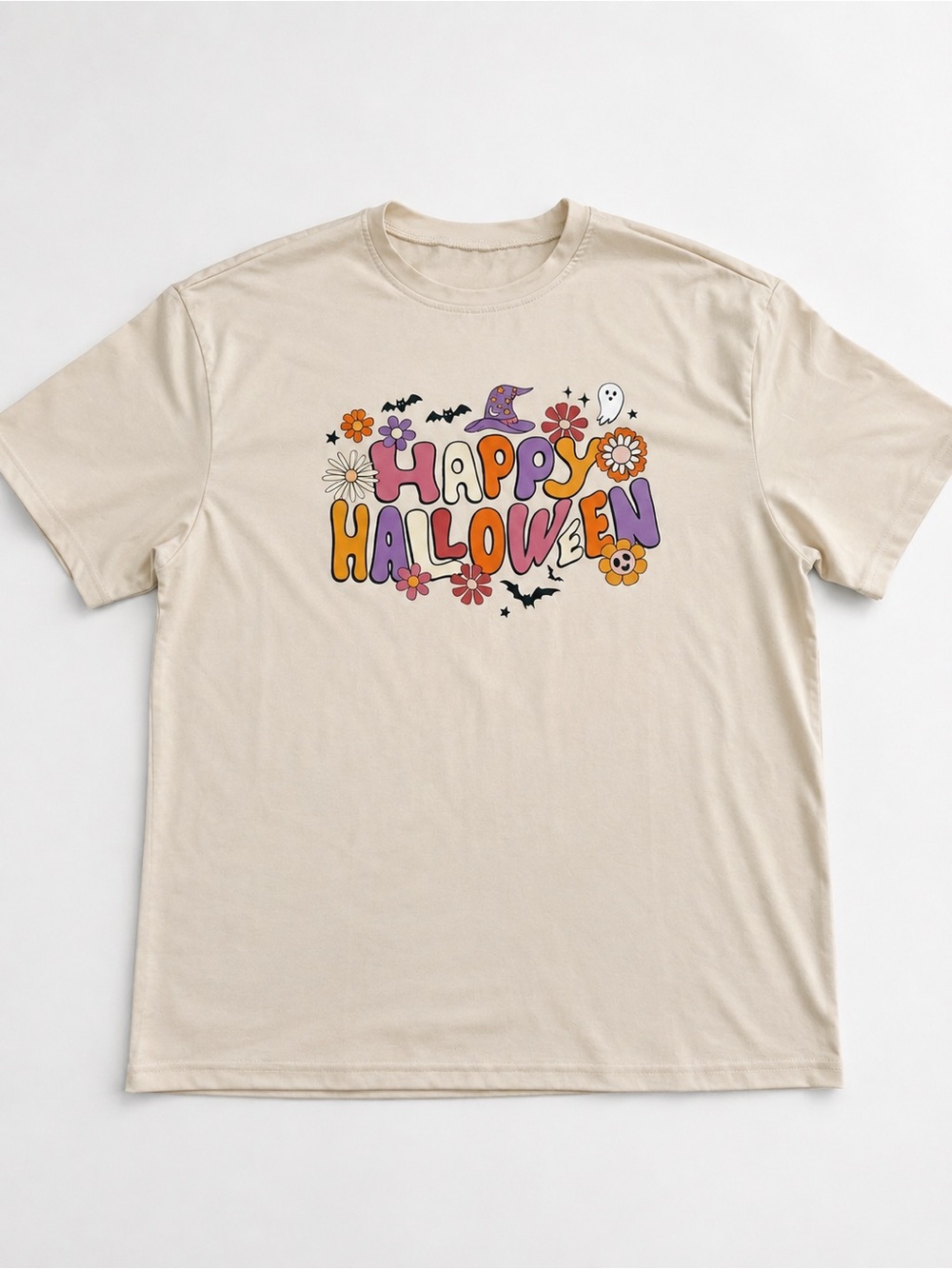 SHEIN Happy Halloween Graphic Tee XS Beige Retro Spooky Shirt